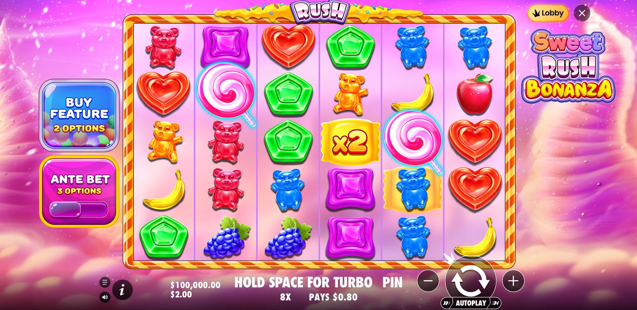 Sweet rush Bonanza slot machine schermata simboli vincenti